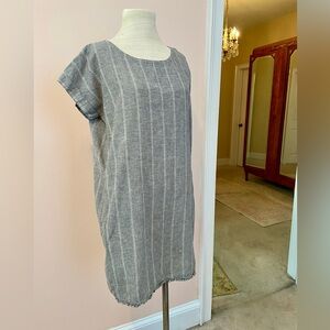 Eileen Fisher Gray and White Striped Organic Cotton Hemp Shift Dress